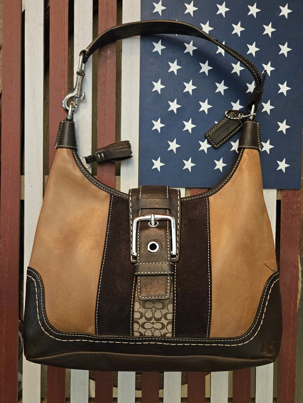 Vintage Coach "Hamptons"  Soho Bag Tan & Dark Brown Leather with Signature Panel
